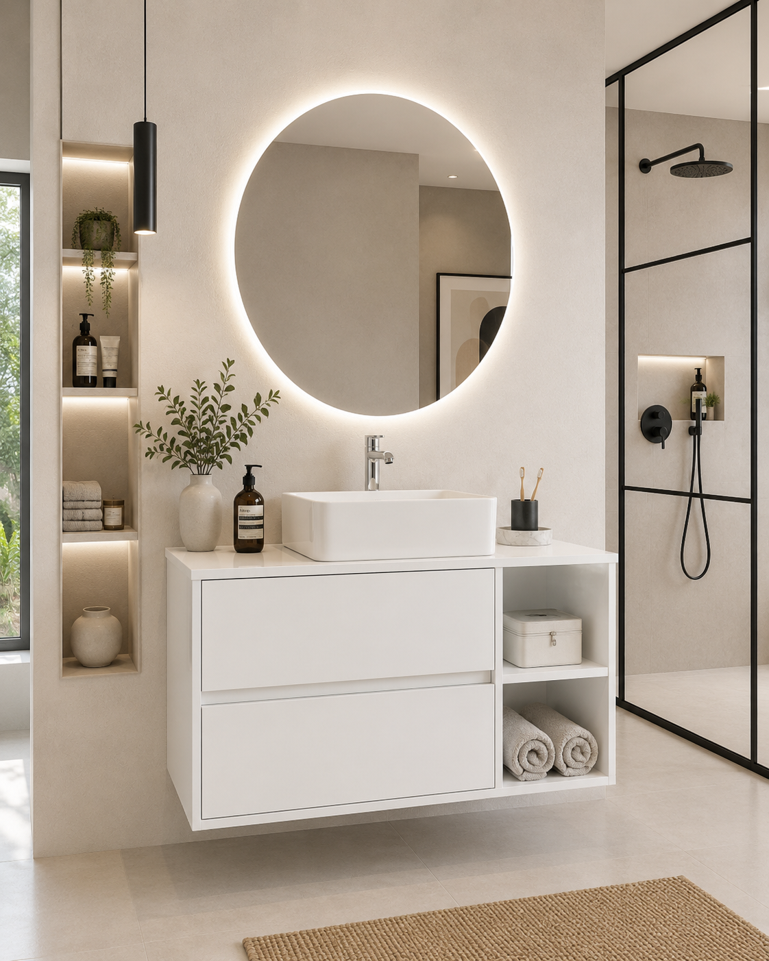 Mobile bagno ZEUS con piano in legno e lavabo da appoggio