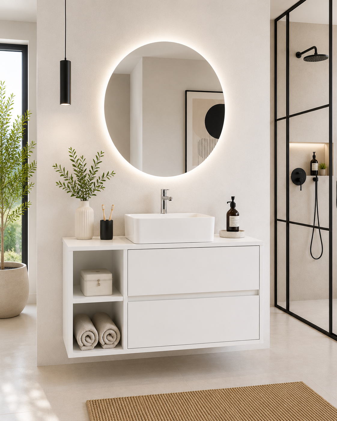Mobile bagno ZEUS con piano in legno e lavabo da appoggio
