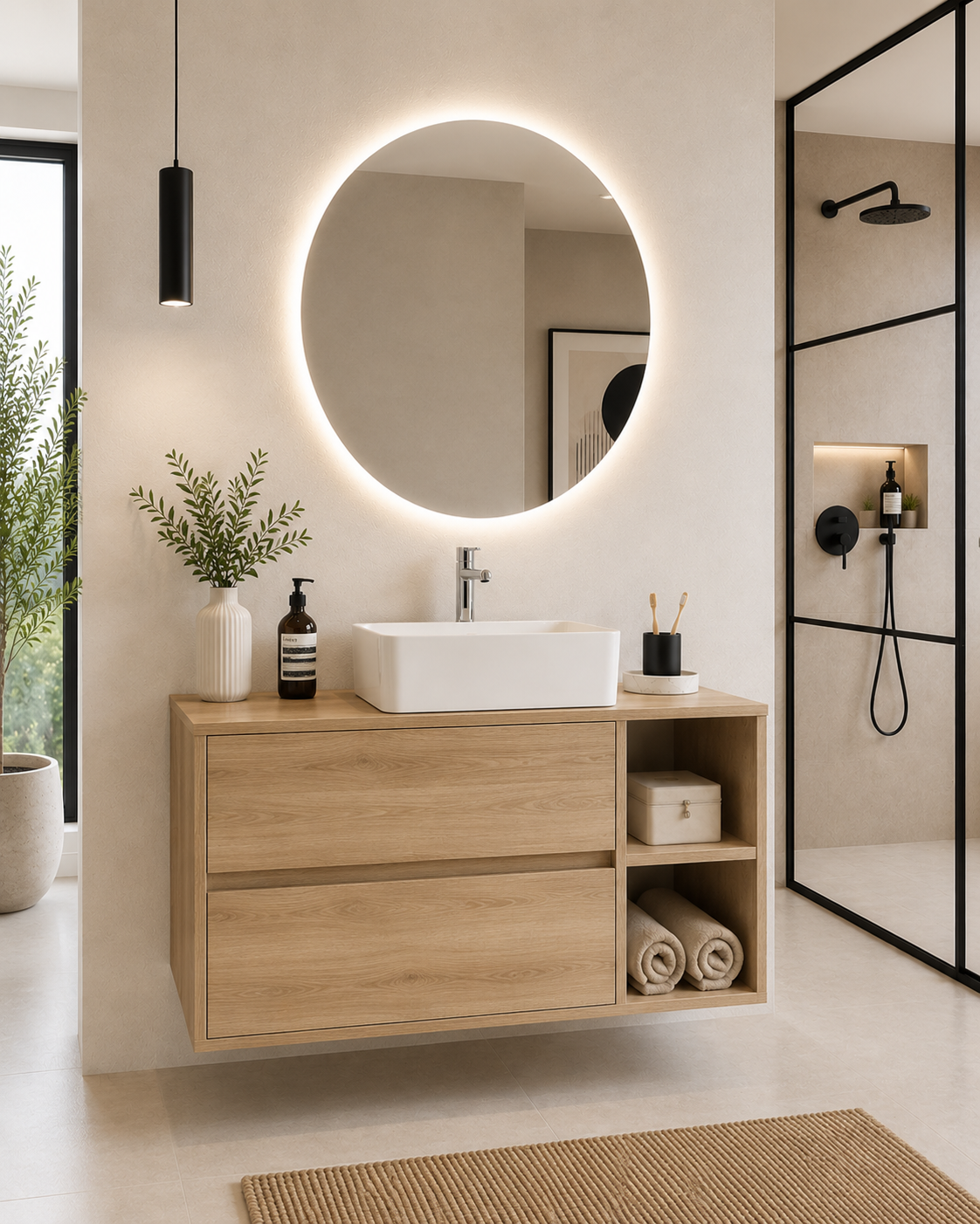 Mobile bagno ZEUS con piano in legno e lavabo da appoggio