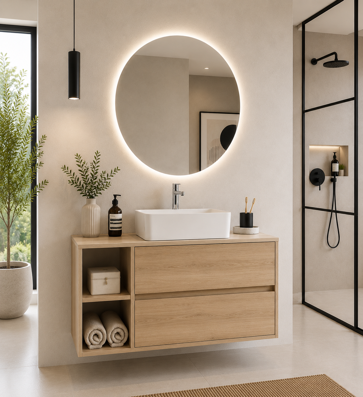 Mobile bagno ZEUS con piano in legno e lavabo da appoggio