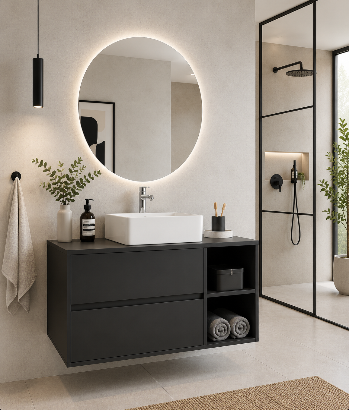Mobile bagno ZEUS con piano in legno e lavabo da appoggio