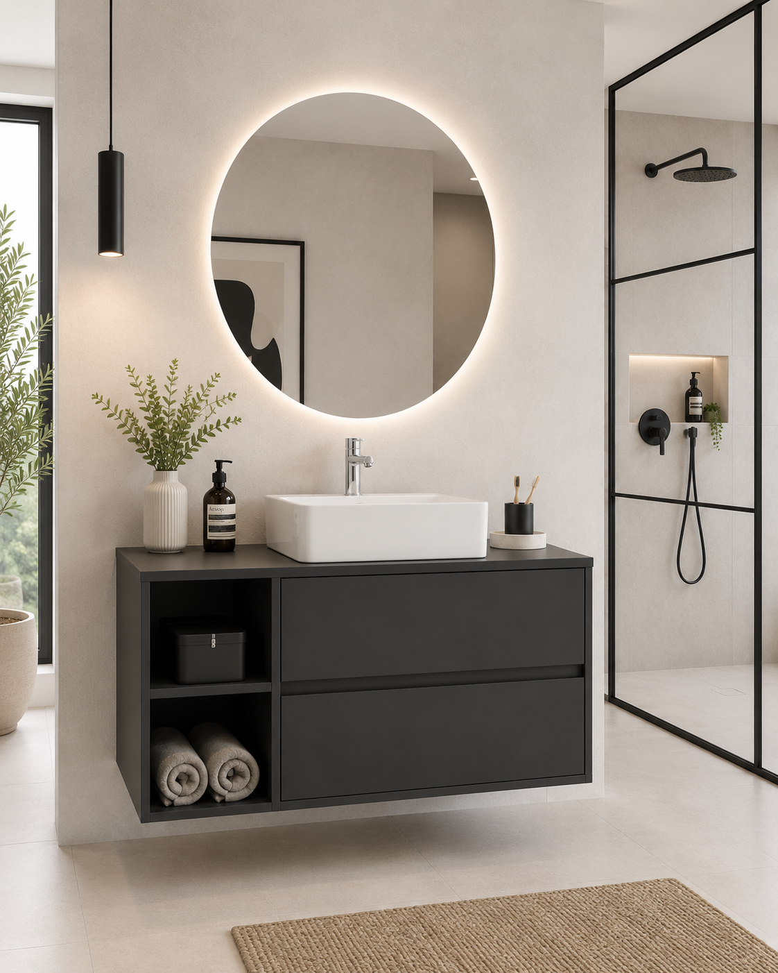 Mobile bagno ZEUS con piano in legno e lavabo da appoggio