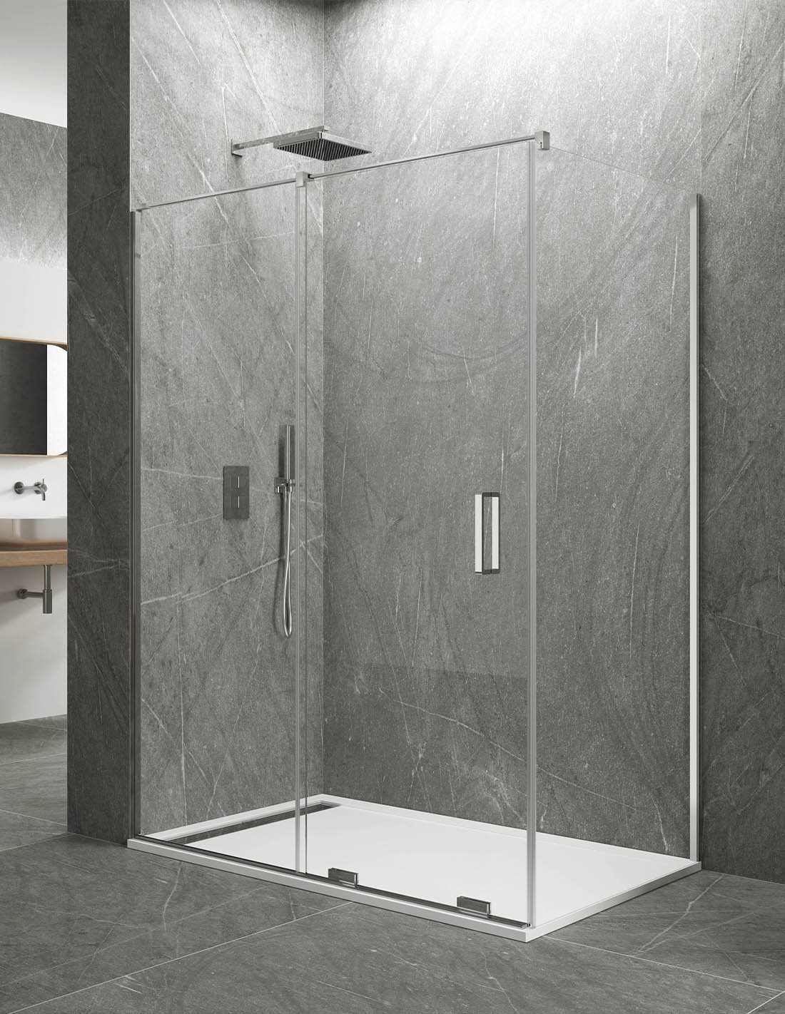 Hoekige douchewand 1+1 met vast zijpaneel KERES zonder onder- of bovenprofielen. 8 mm glas