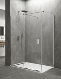 Hoekige douchewand 1+1 met vast zijpaneel KERES zonder onder- of bovenprofielen. 8 mm glas