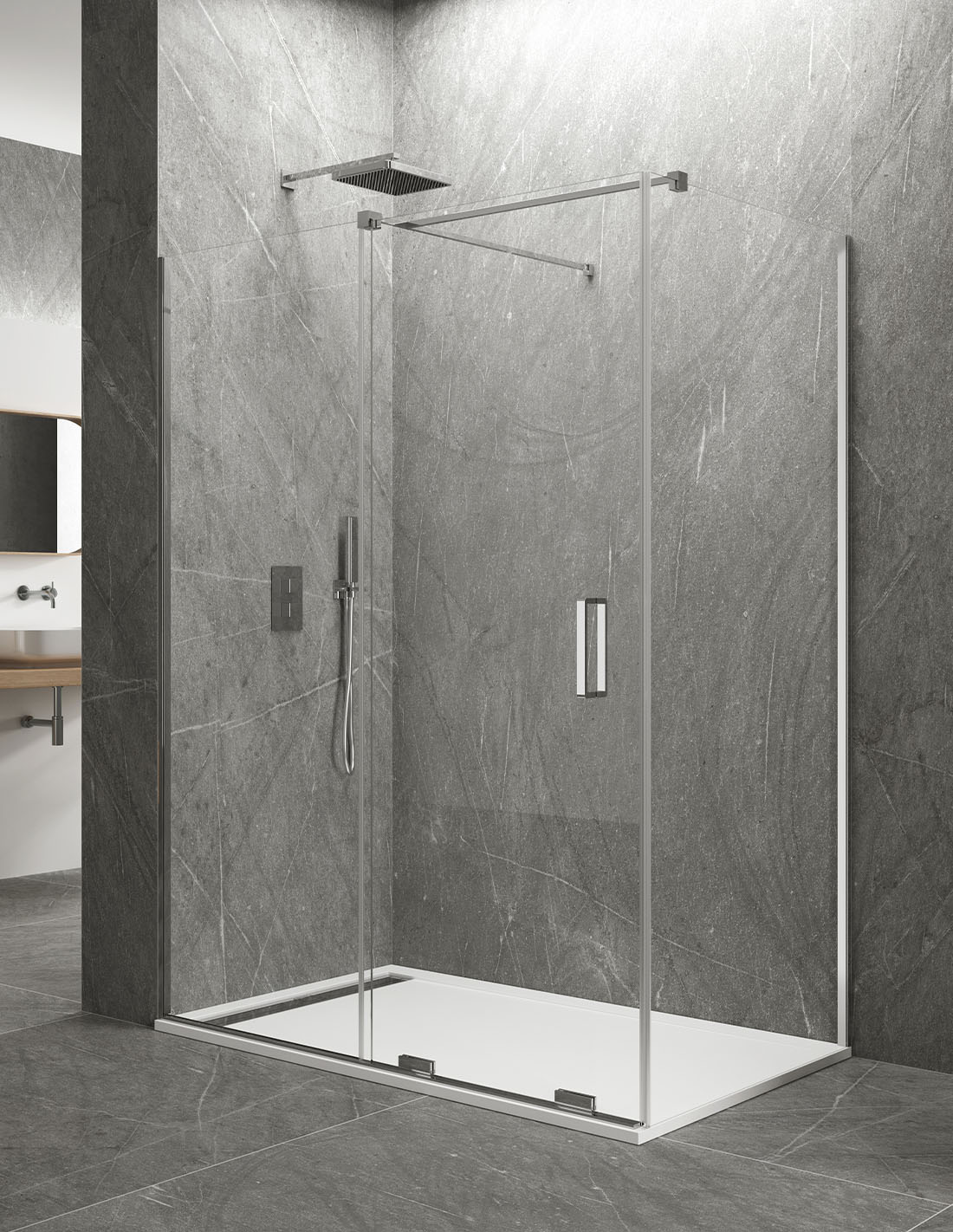 Hoekige douchewand 1+1 met vast zijpaneel KERES zonder onder- of bovenprofielen. 8 mm glas