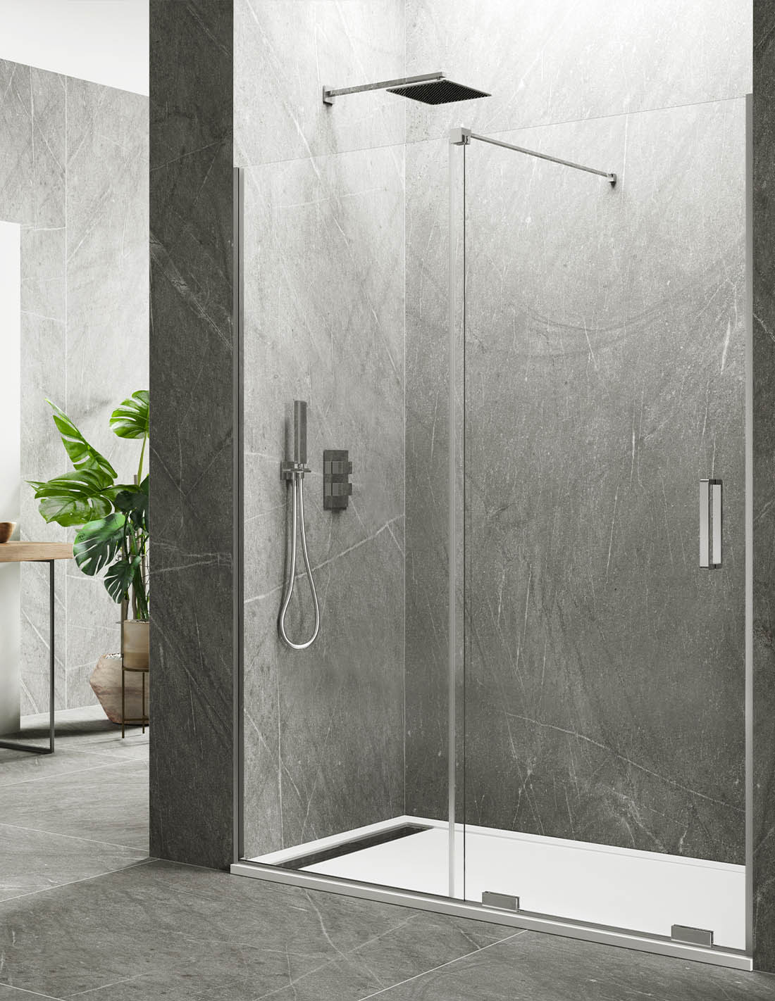 Frontale douchewand 1+1 KERES zonder onder- of bovenprofielen. 8 mm glas