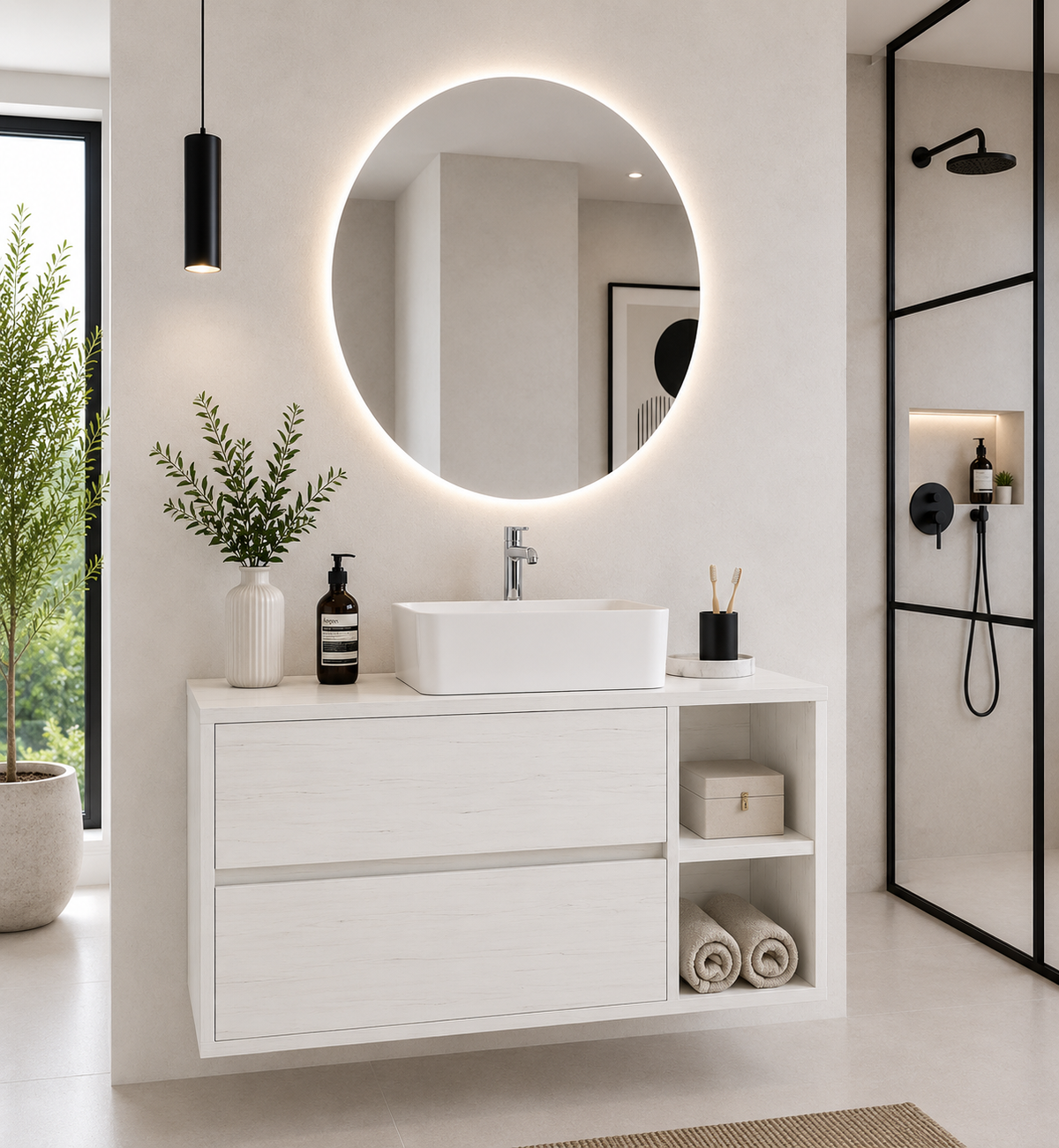 Mobile bagno ZEUS con piano in legno e lavabo da appoggio