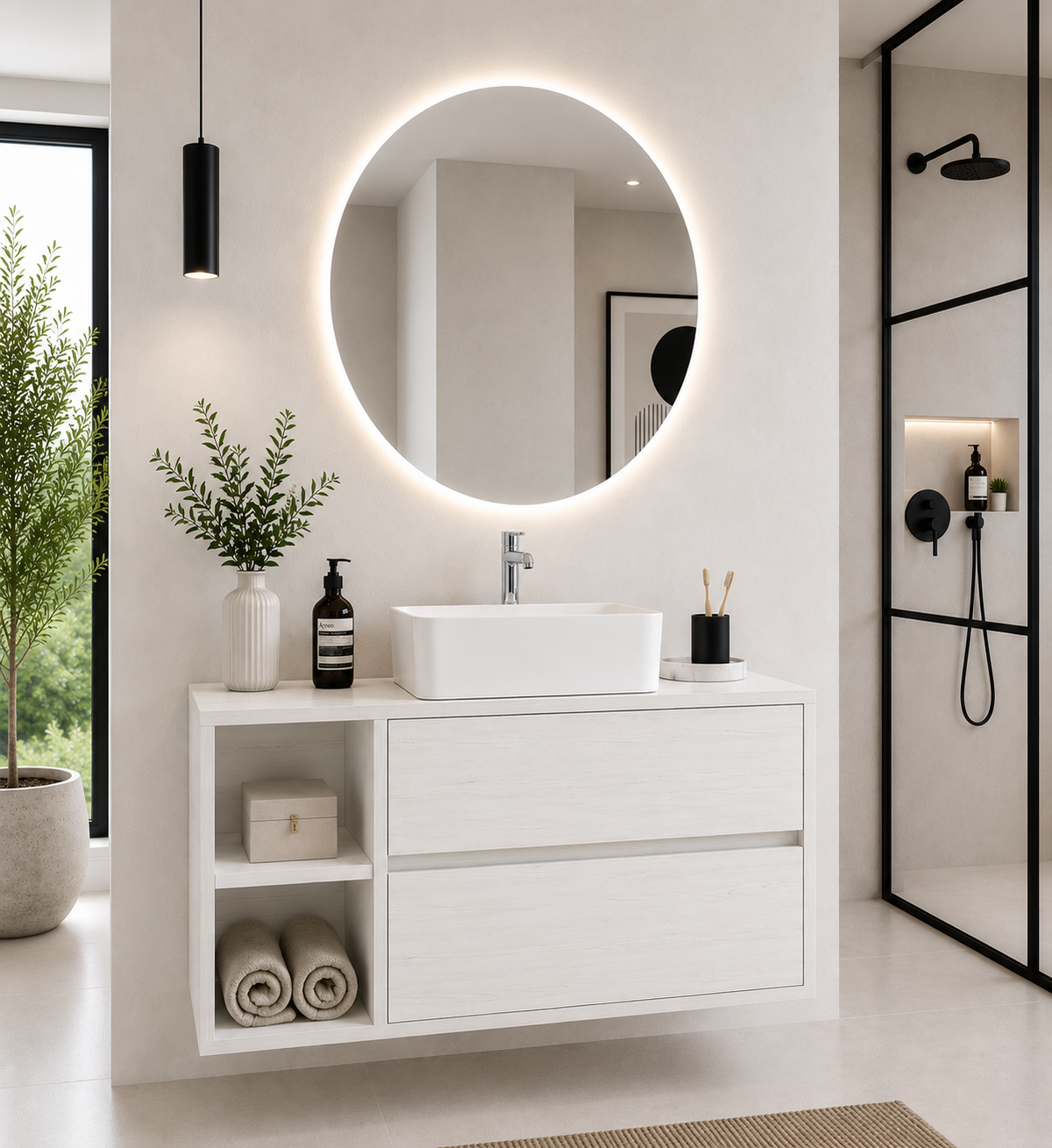 Mobile bagno ZEUS con piano in legno e lavabo da appoggio
