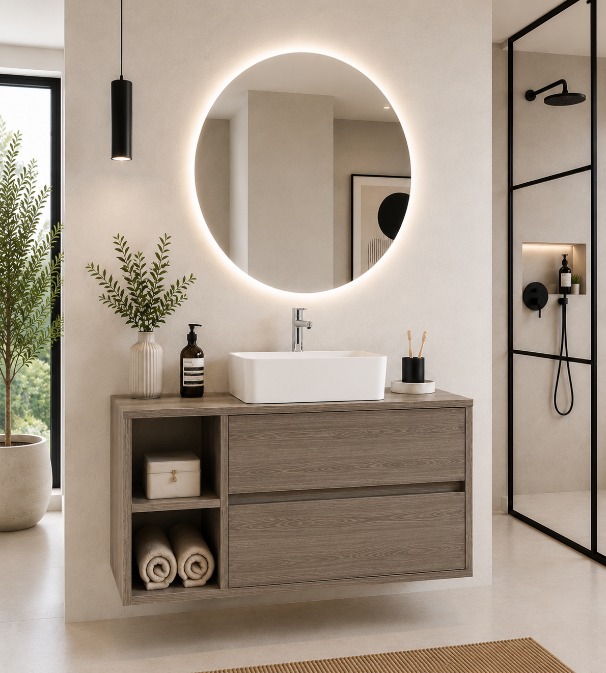 Mobile bagno ZEUS con piano in legno e lavabo da appoggio