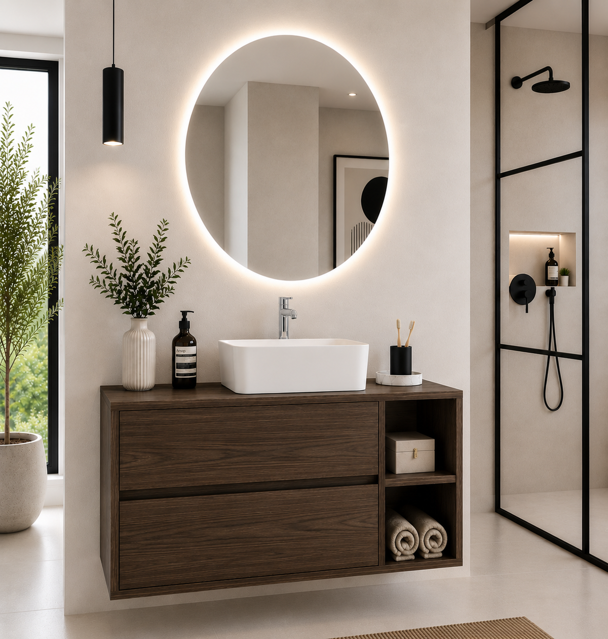 Mobile bagno ZEUS con piano in legno e lavabo da appoggio