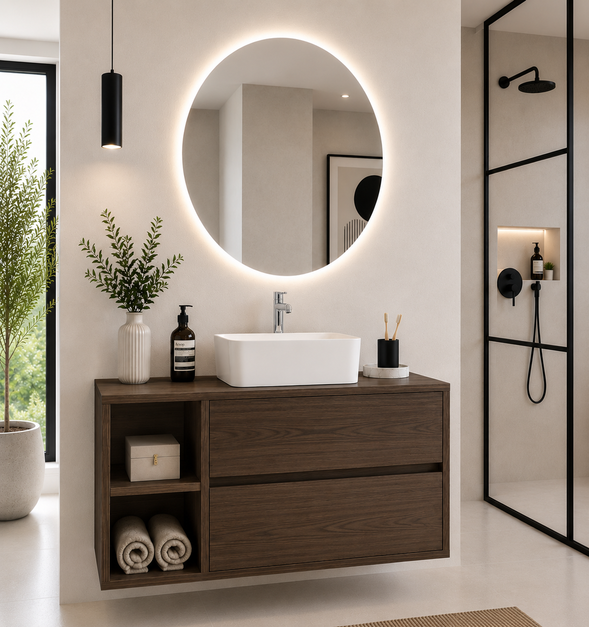 Mobile bagno ZEUS con piano in legno e lavabo da appoggio