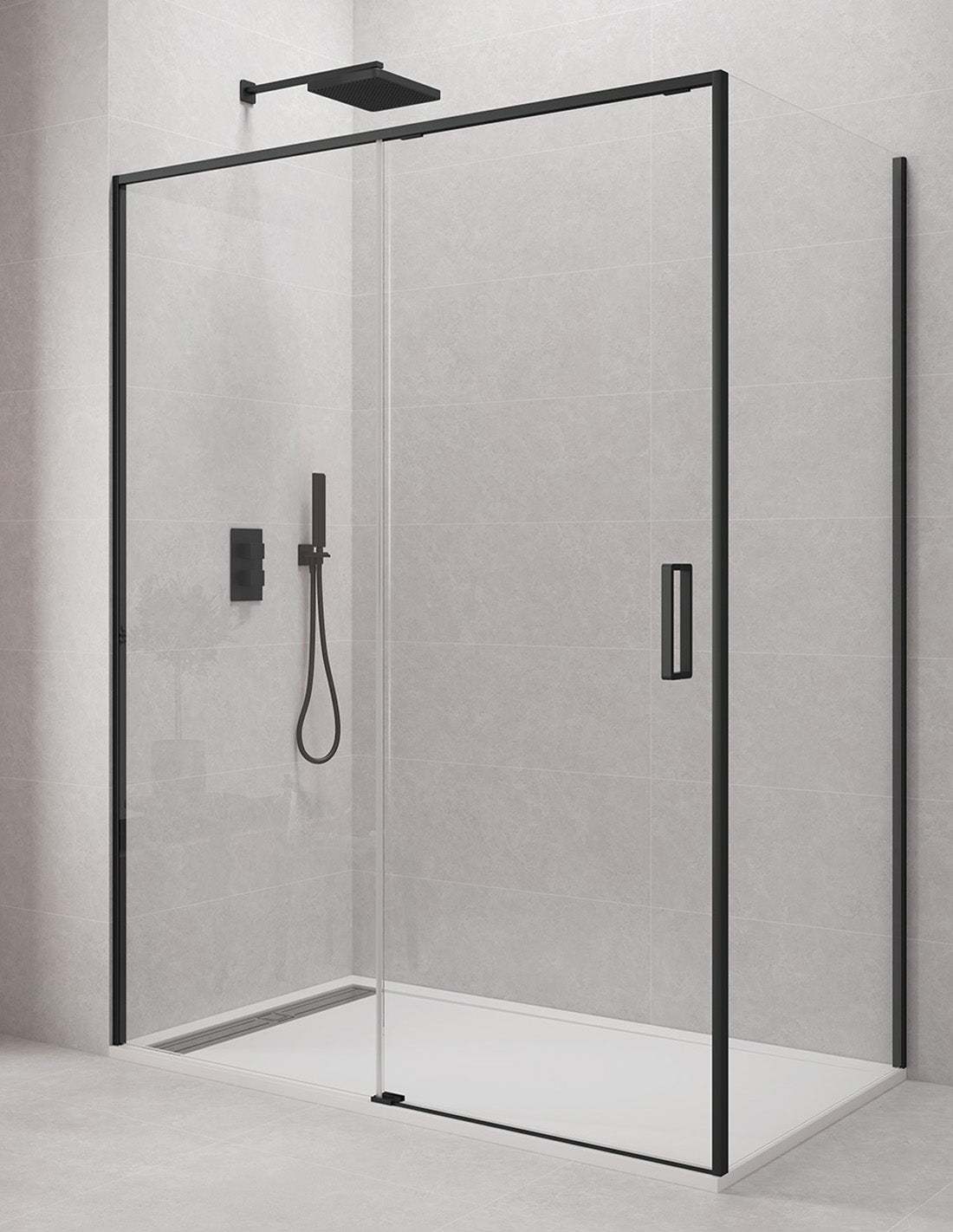 Hoekige douchewand 1+1 met vast zijpaneel CETUS zonder onderprofielen, in chroom of zwart.