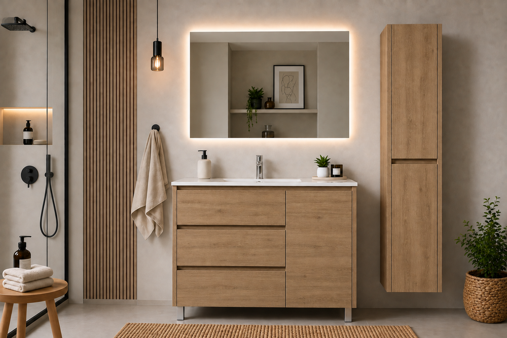 Badkamermeubelset VOLUM met wastafel + LED-spiegel + kolomkast van 140 cm + eengreepsmengkraan – steppenkleur – 80/100/120 cm