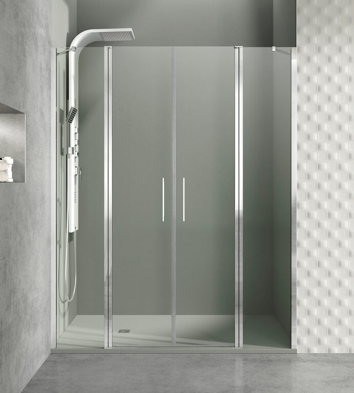 Frontdouchewand met vast paneel + 2 draaideuren + vast paneel OPEN