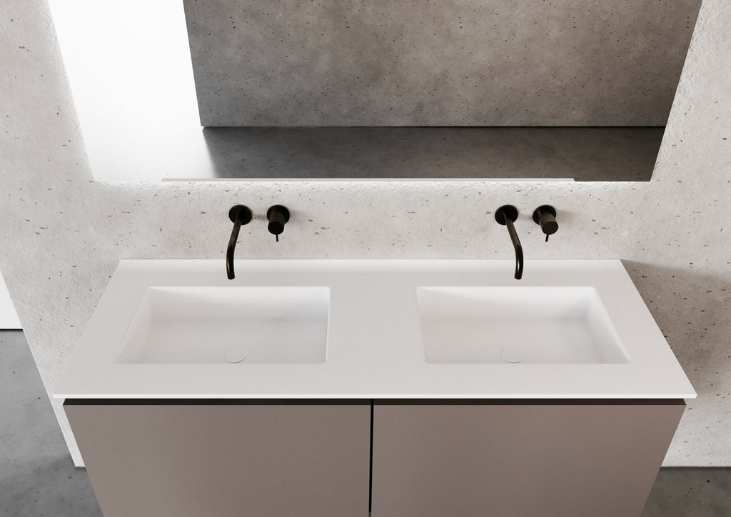 LEX encimera blanca con dos lavabos bajo encimera, fotografía de ambiente; mueble y grifería no incluidos