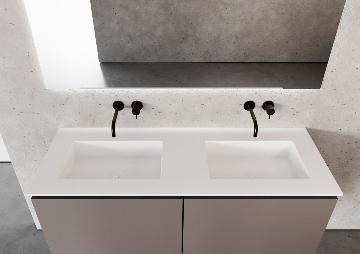 LEX encimera blanca con dos lavabos bajo encimera, fotografía de ambiente; mueble y grifería no incluidos